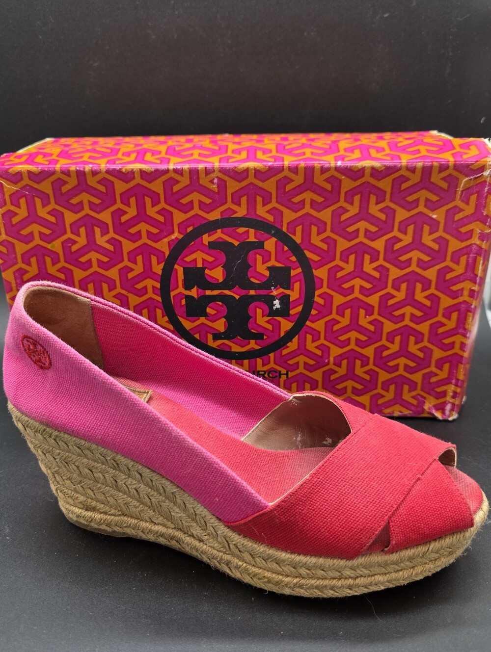 Tory Burch Pink & Red Canvas Filipa Espadrille Wedge 8.5